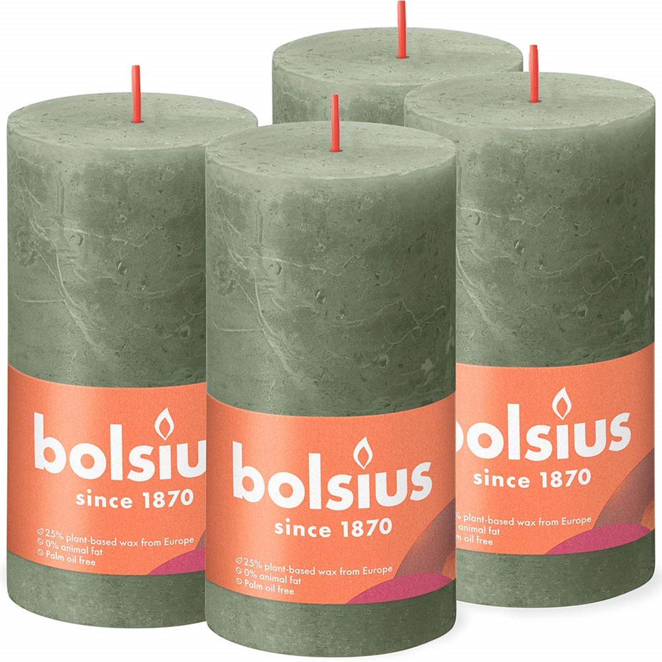 Bolsius Rustic Pillar Candles, Olive Green, Set of 4, Decorative Household Candles, Burning Length Time 60 Hours, Unscented, Natural Plant Wax, Without Palm Oil, 13 x 7 cm