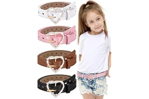 Newcotte 4 Pcs Girls Belt Kids Leather Waist Belt Rhinestone Heart Metal Buckle