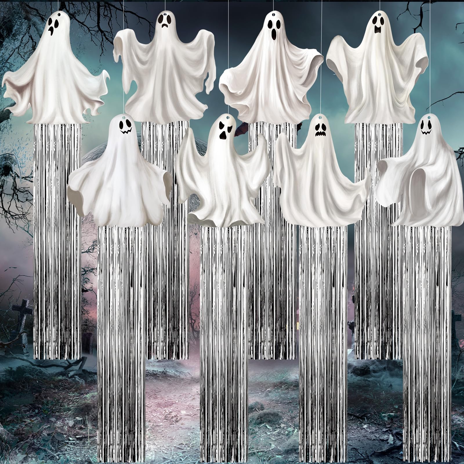 Photo 1 of DoubleFill 8 Pcs Halloween Ghosts Outdoor Hanging Decorations with Tassels Summer Halloween Decorations Yard Signs for Farmhouse Festival 3.3 ft Spooky Home Lawn Yard Party Supplies Garden Decor
