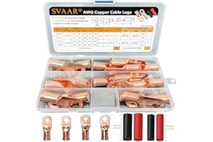 SVAAR 20pcs Battery Cable Ends Kit 1/0 AWG 2/0 AWG Copper Lugs 0 Gauge 00 Gauge Battery Cable Lugs with 3/8" and 5/16" Stud Heavy Duty Wire lugs Ring Terminal Connectors with 3:1 Heat Shrink Tube