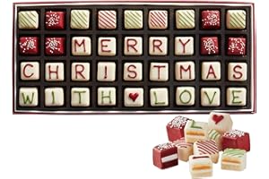 The Swiss Colony Merry Christmas with Love Petits Fours Cakes - Gourmet Cake Assortment with Red Velvet, and Vanilla Layer Cakes - Holiday Dessert Gift - (Pack of 36)