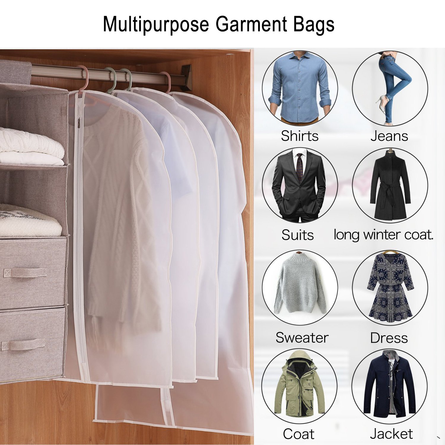 GUOER Garment Bags Set of 2, Garment Bags for Hanging Clothes, Zipper Suit
