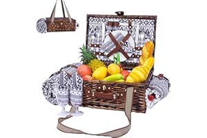 Neti Neti Wicker Picnic Basket for 2 Boho with Insulated Cooler & Waterproof Blanket – Large Willow Picnic Hamper for Outdoor