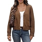 Women's Oversize Cropped Cardigan Sweater Wool Blend V Neck Long Sleeve Drop Shoulder Button Down Sweater with Pockets