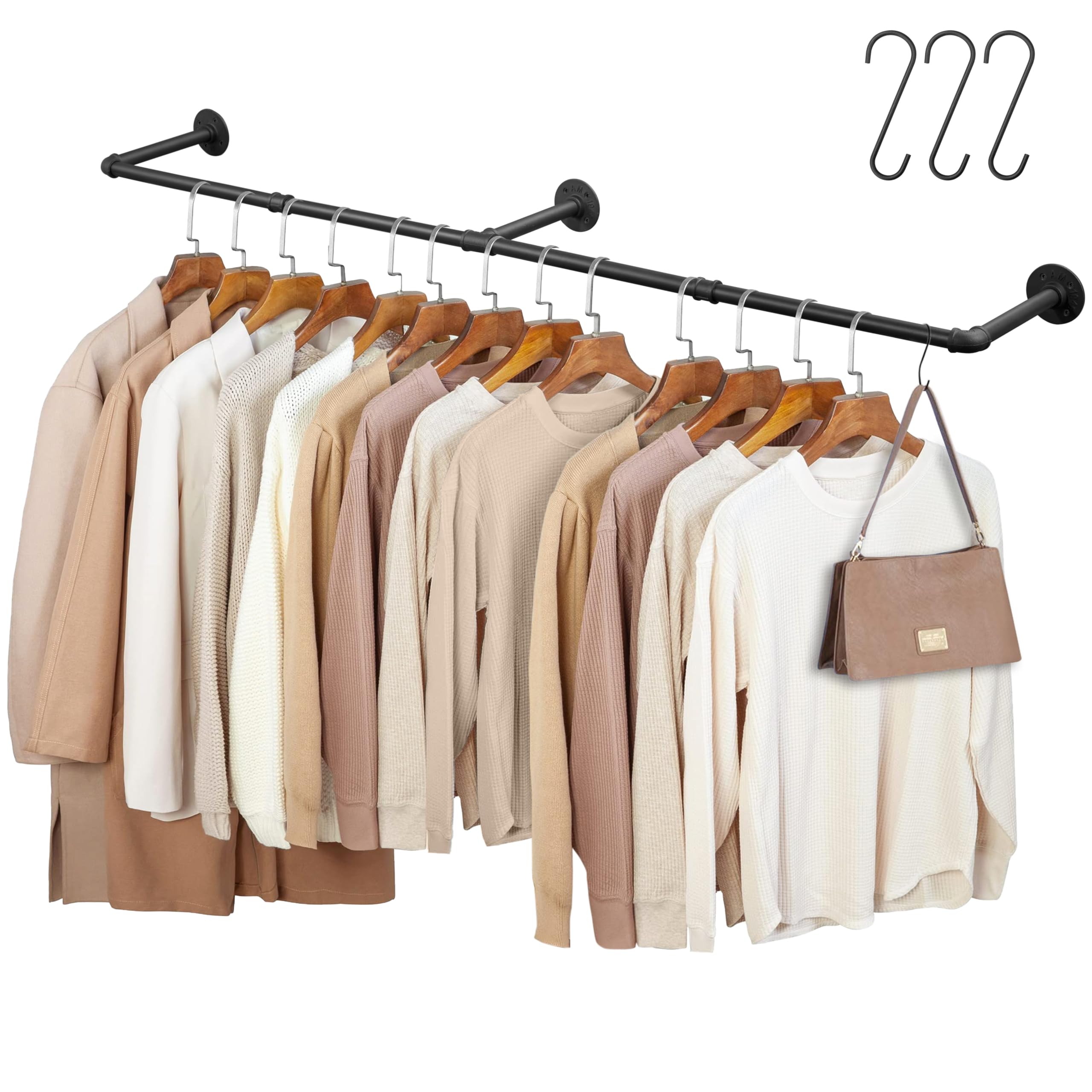 Photo 1 of Boshangjia 66.1" Industrial Pipe Clothing Rack, Wall Mounted Clothes Rack for Hanging Clothes, Detachable Space-Saving Heavy Duty Iron Garment Rail for Closet Storage 3 Base, Black