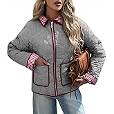 Tankaneo Womens Cropped Quilted Jackets Plaid Lightweight Full Zip Up Jacket Puffer Padded Coat with Pockets