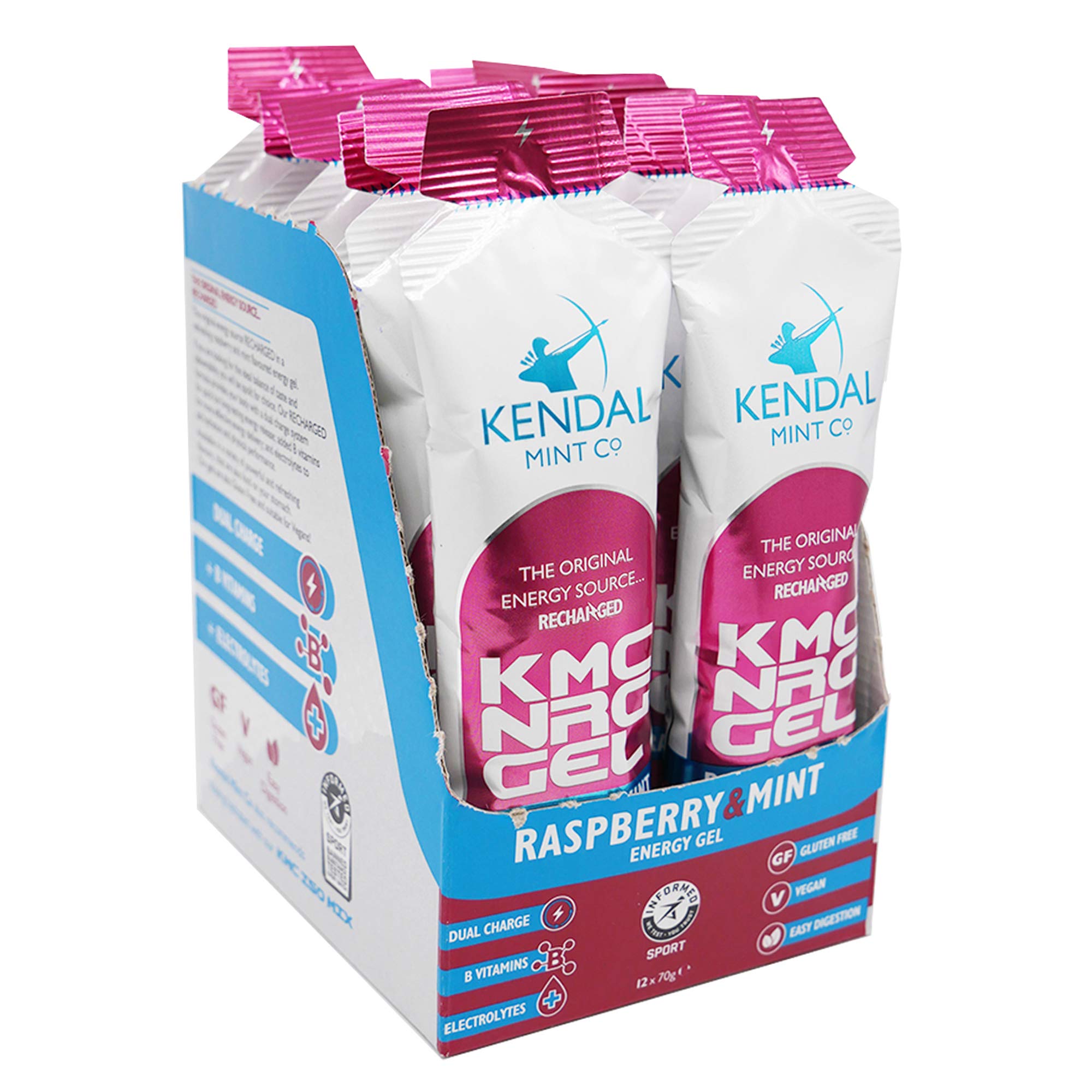 KMC NRG Gel: Refreshing Raspberry Mint Energy Gel 27g Dual Carb +Electrolytes +B Vitamins Vegan Gluten Free by Kendal Mint Co (12x70g, Raspberry & Mint)