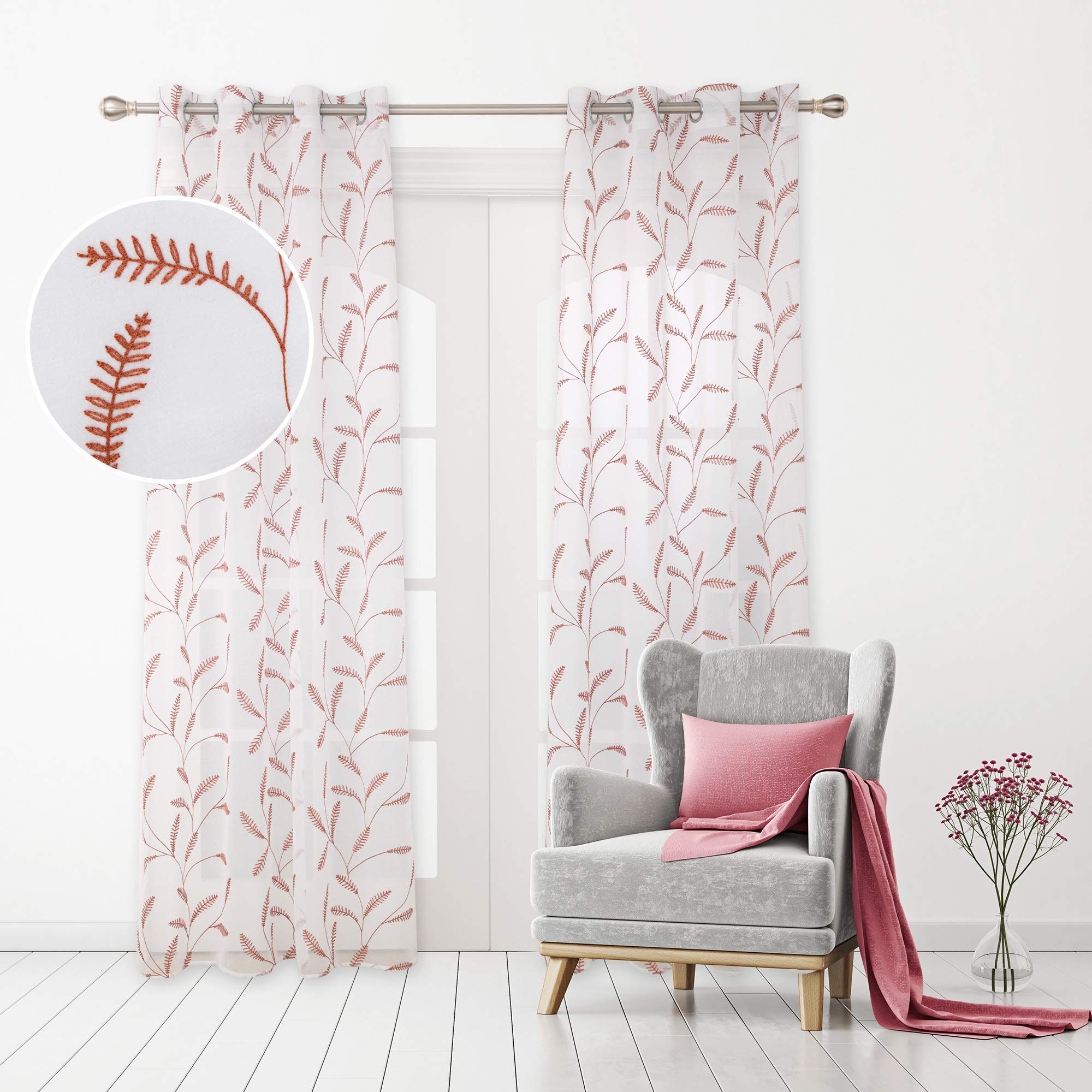 Deconovo Home Decoration Linen Look Voile Curtains Super Soft Semi Transparent Sheer Curtains Eyelets Net Curtains for Kitchen 55 x 69 Inch Orange Two Panels