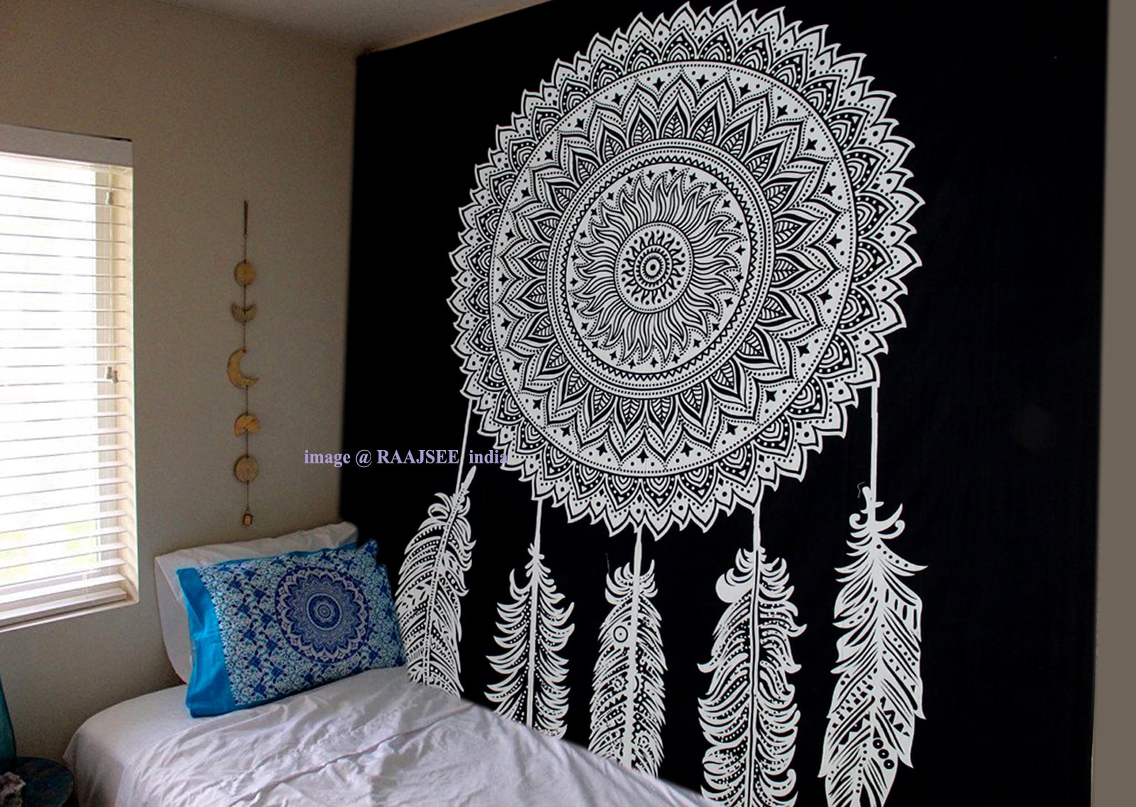 raajsee Black and White Dream Catcher Tapestry Mandala Throw, Hippie Tapestries Queen Bedspread 210x220 cms, Indian Cotton Throw Tapestries, Bohemian Bedding, Meditation Yoga rugs