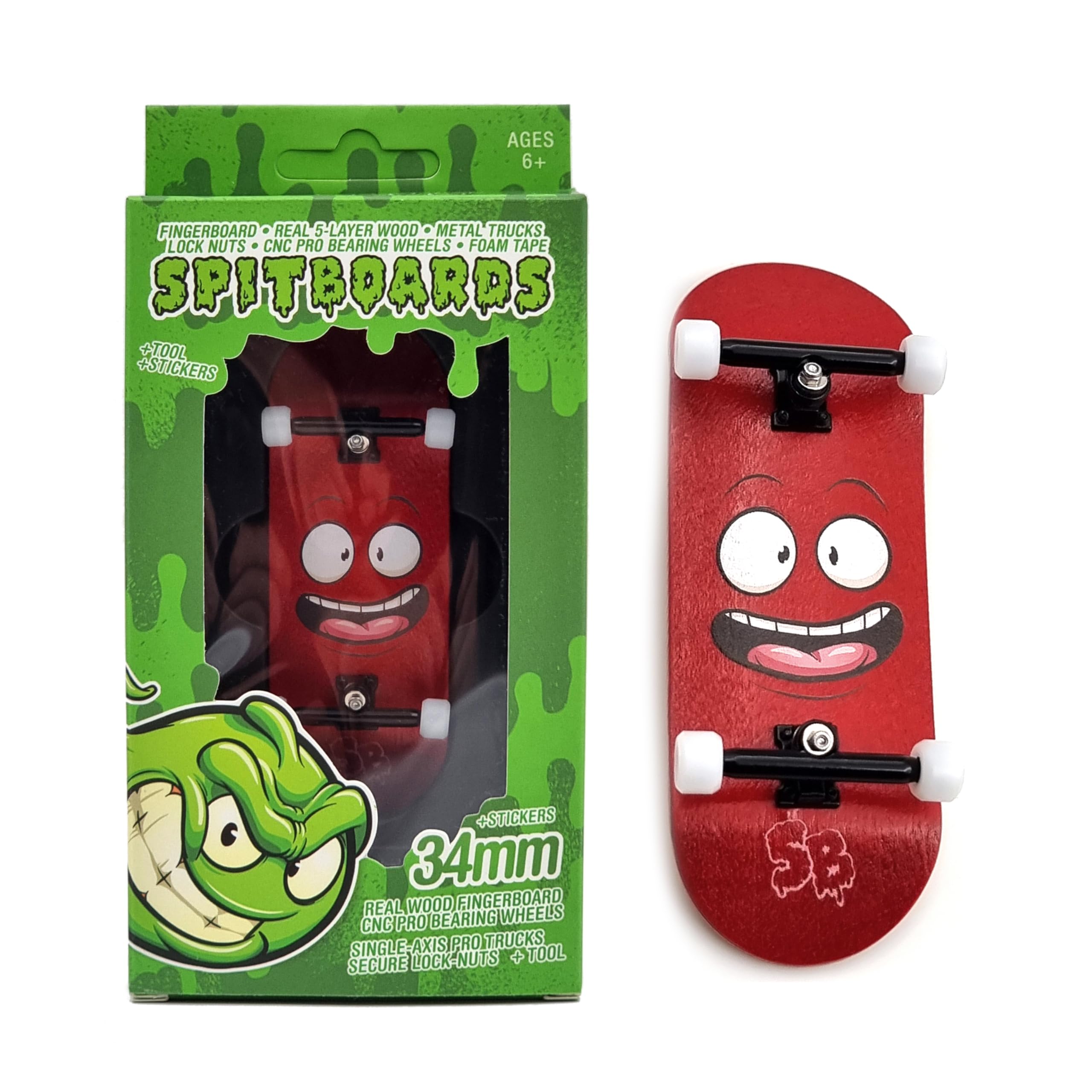 SPITBOARDS® 34mm x 96mm Fingerboard Set-Up (Complete) | Real Wood Deck | Pro Trucks With Lock-Nuts and Bushings | Polyurethane Wheels With Bearings | Red Face — image 1
