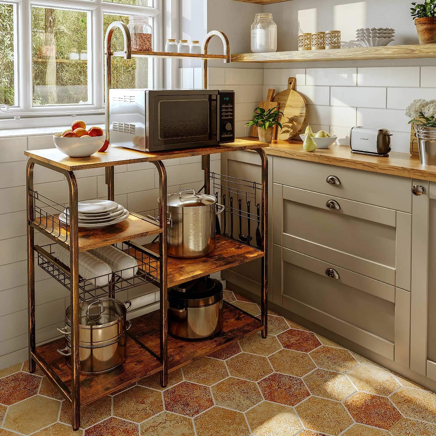 Rolanstar Kitchen Baker's Rack, Large Capacity Utility Storage Shelf, Microwave Stand with 7 Shelves and 12 Hooks, Foldable Pull Basket, Stable Retro Metal Frame - Standing Baker's Racks