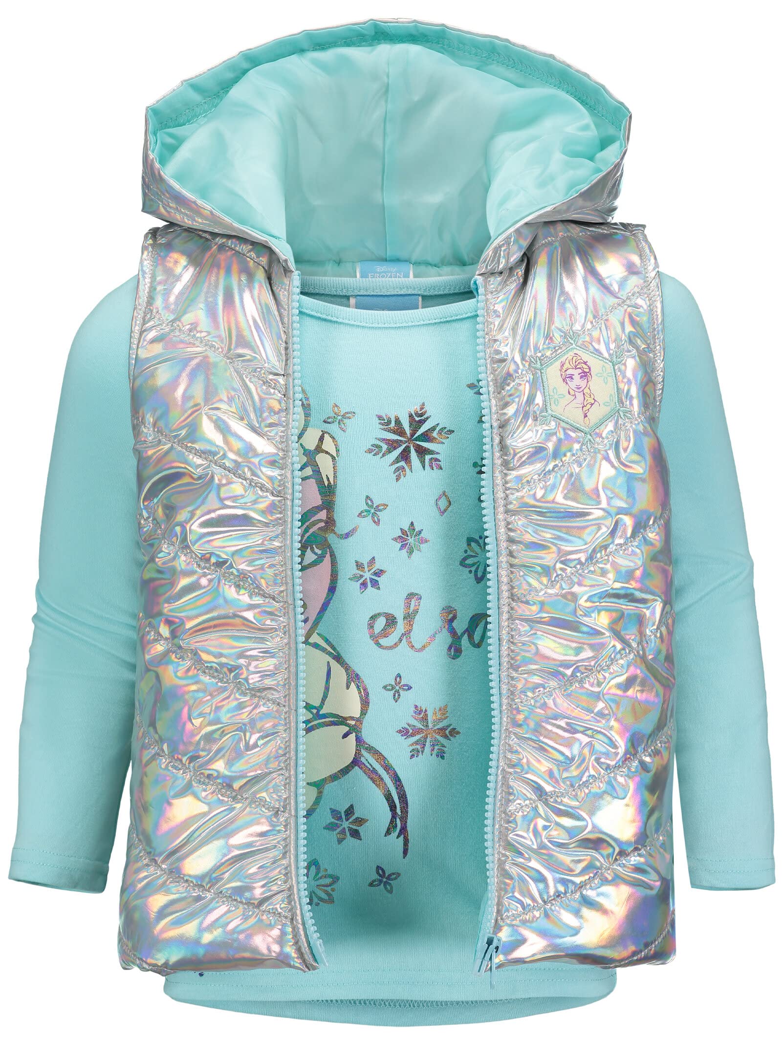 Disney Frozen Princess Anna Queen Elsa Girls Zip Up Vest Puffer T-Shirt and Leggings 3 Piece Set Toddler to Big Kid