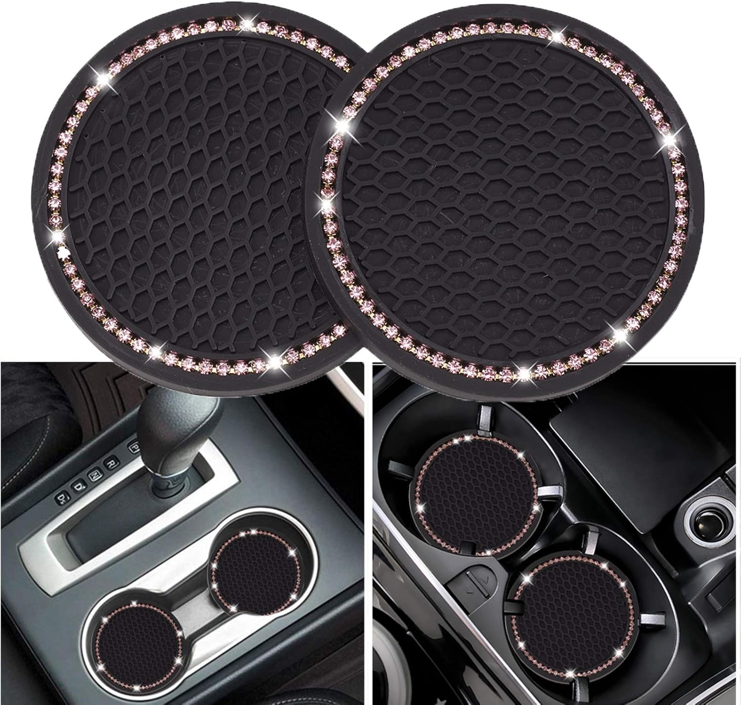 ATMOMO 2 Pack Round Car Cup Holder Coasters 2.75 inch Bling Rhinestone