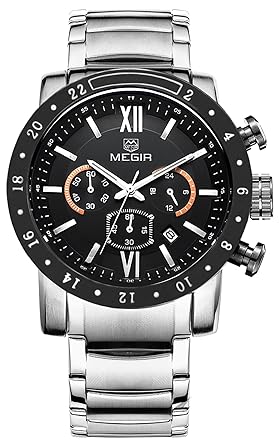 Voeons Mens Watches Chronograph Silver Stainless Steel Black Big Dial Quartz Wristwatch