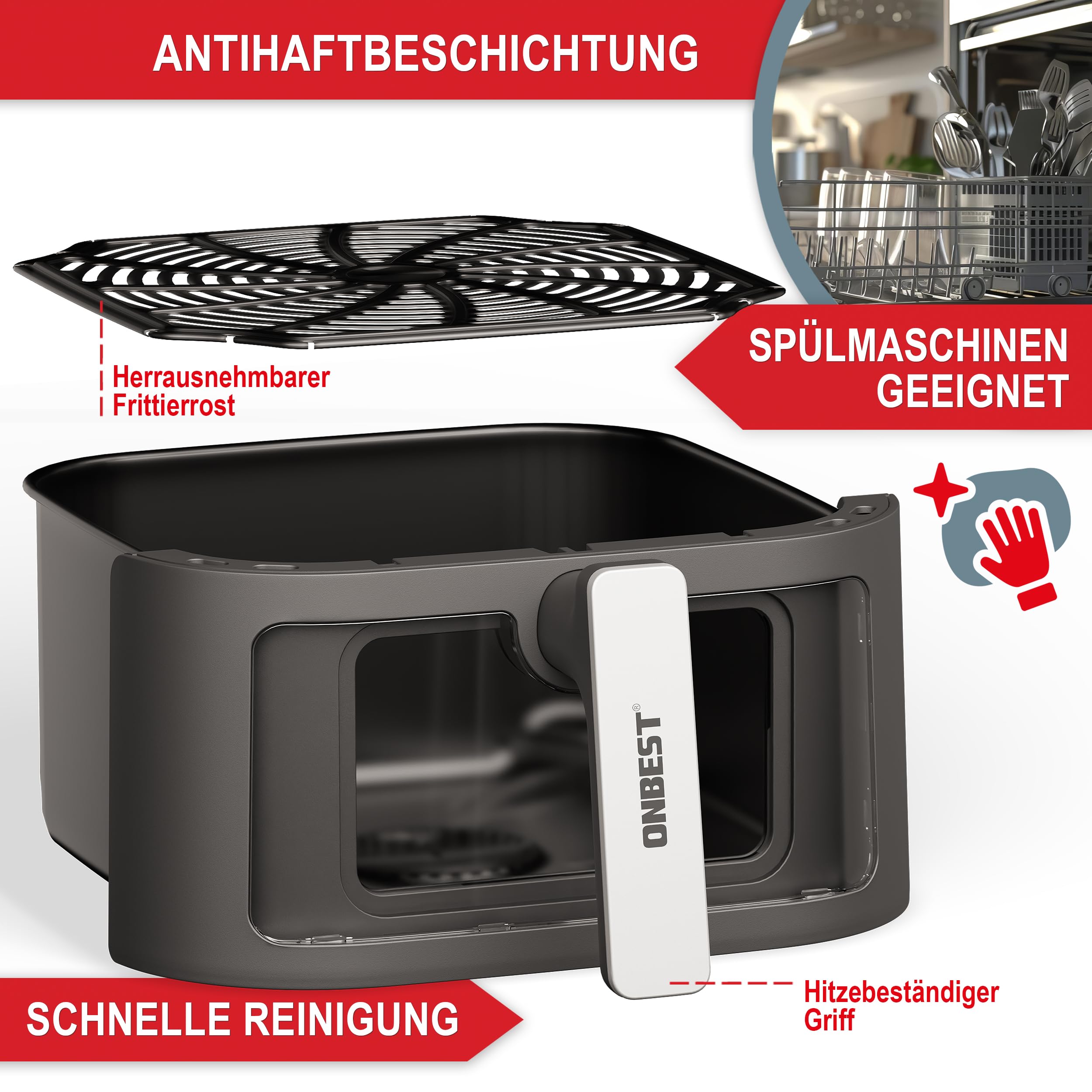 ONBEST Heißluftfritteuse mit großem Sichtfenster & 12 Kochprogrammen – XL Airfryer mit 6,5 Liter,1600 Watt PLUS 100x Backpapier – Frittieren ohne Öl für 2-5 Personen 6