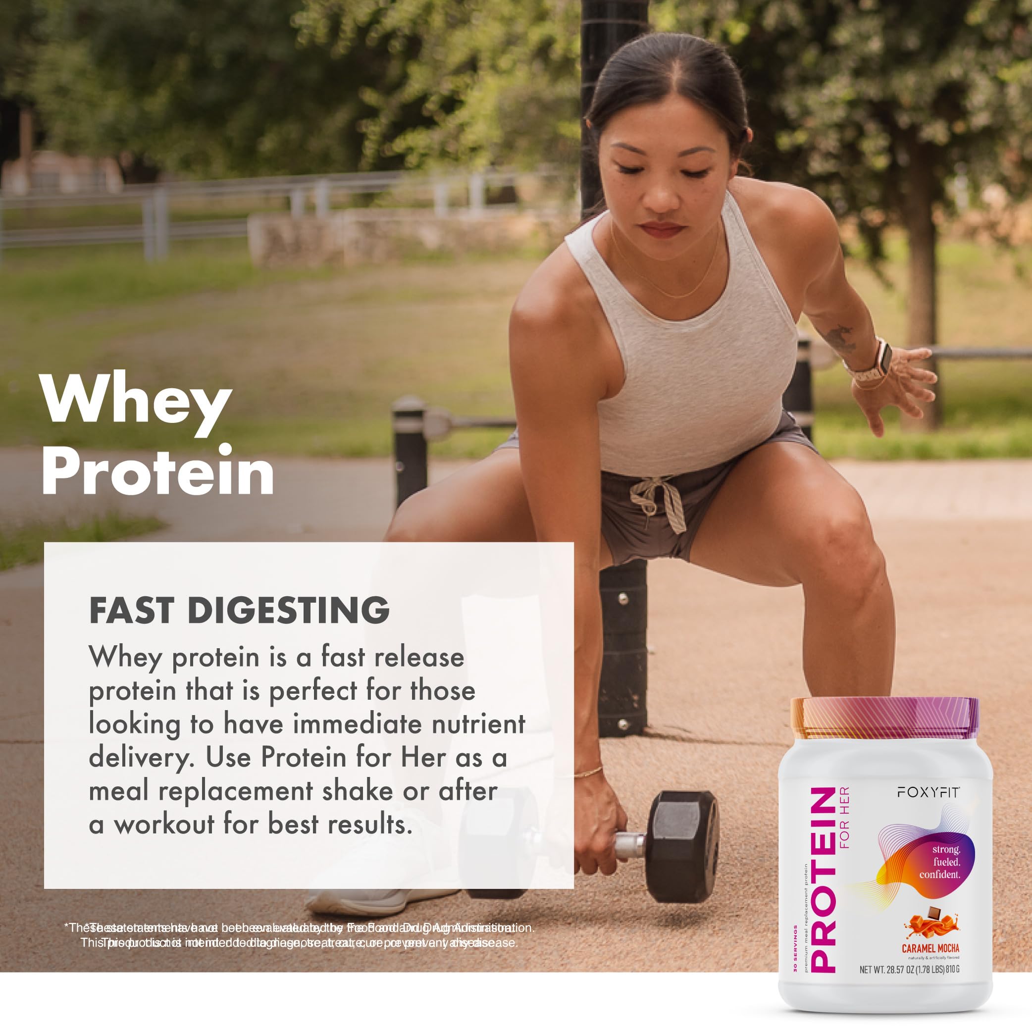 FoxyFit Protein for Her, Caramel Mocha Whey Protein Powder with CLA and Biotin for a Healthy Glow (1.85 lbs)