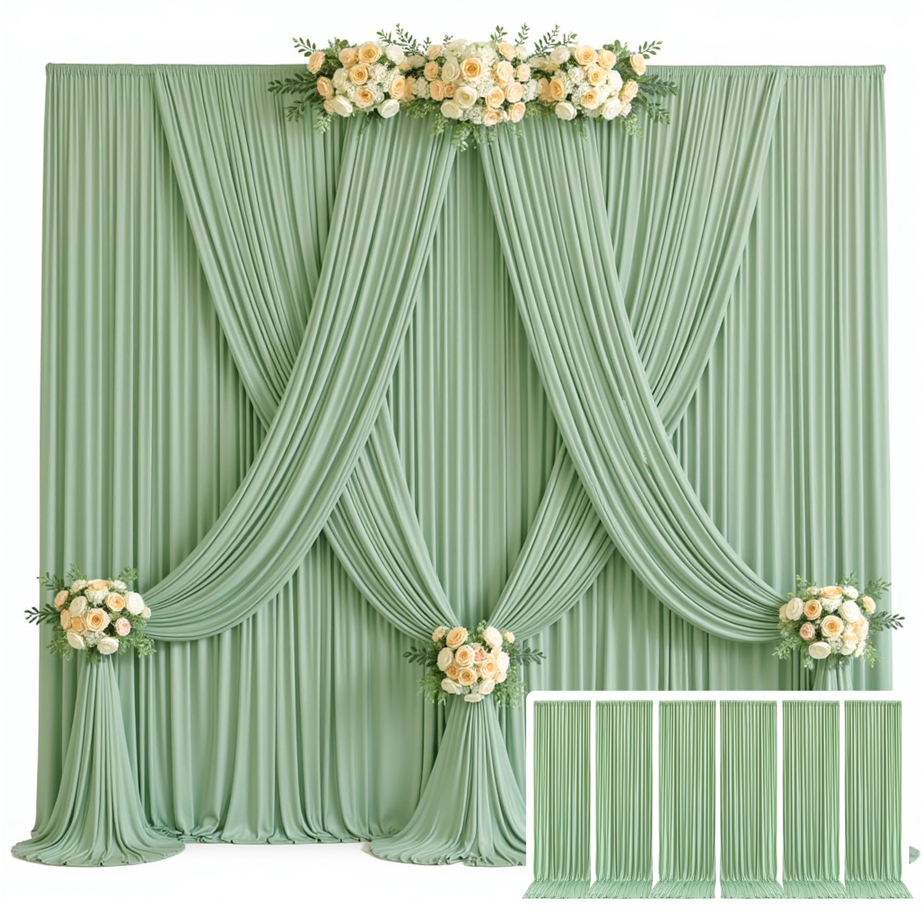 Photo 1 of 30ft x 10ft Sage Green Backdrop Curtains for Parties – Wrinkle-Free Polyester Drapes, 6 Panels 5ft x 10ft Sage Green Photo Backdrops for Weddings, Birthday Parties, Studio Photography