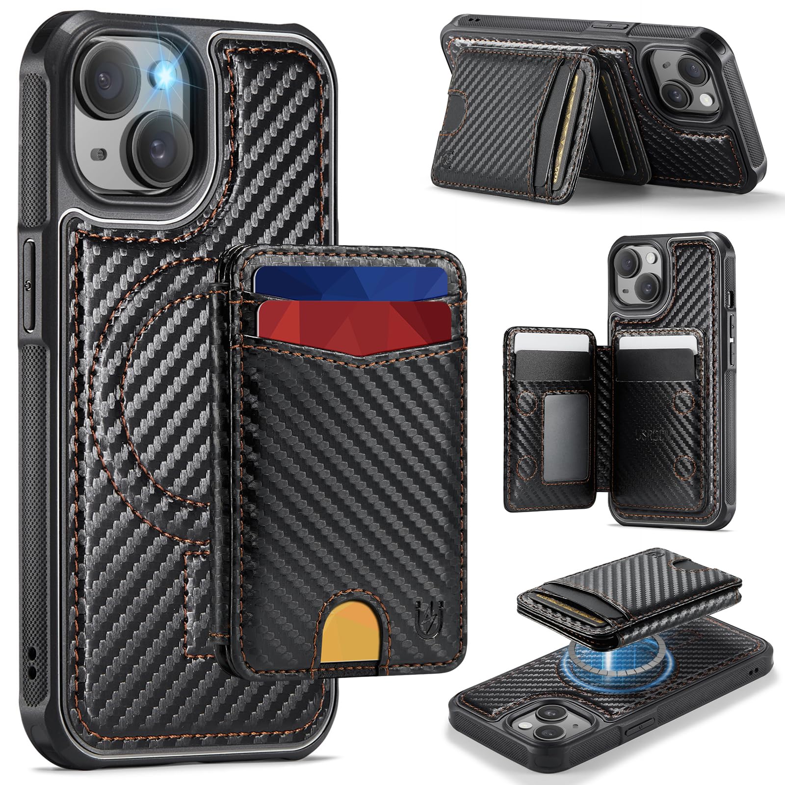 Photo 1 of Usroom for iPhone 14 Wallet Case Compatible with Magsafe, Magnetic RFID Blocking Card Holder Kickstand 2 in 1 Detachable Case for iPhone 14 6.1", Carbon Black