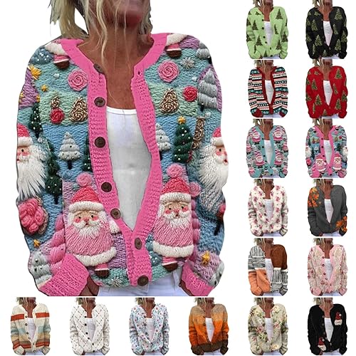 Christmas Sweater Women, Christmas Cardigans for Women UK, Funny Xmas Tree Print Button Up Jumpers Open Front Warm Vintage Knitted Sweaters Fall Outfits Women's Fashion Clothes (A-Hot Pink, XXL)