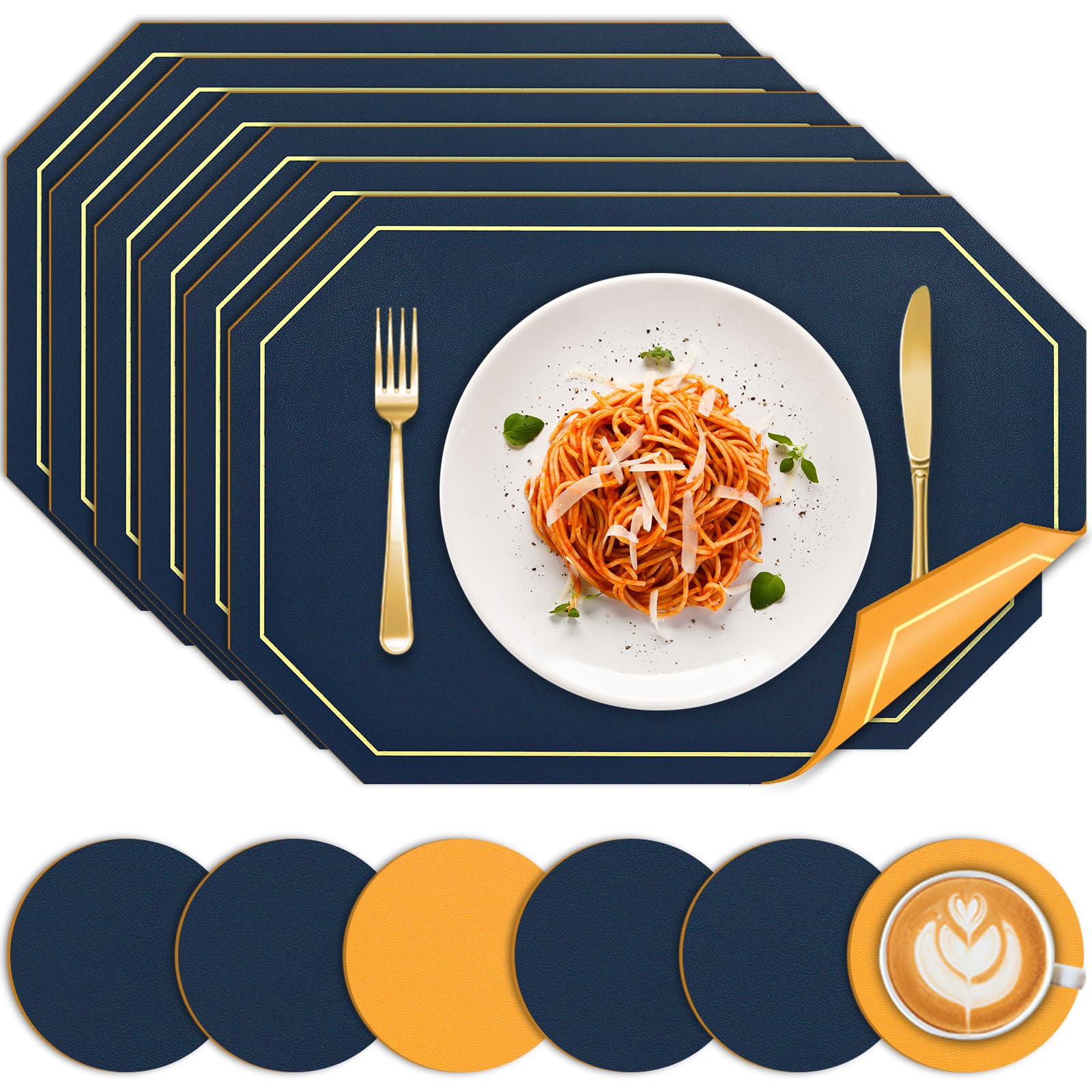 BOCHION Table Mats Set of 6, Dual Sided Leather Placemats and Coasters Heat-Resistant Washable and Non-Slip, Placemats Set of 6 Place Mats for Kitchen Indoor Outdoor Dining Table (Navy Blue & Yellow)