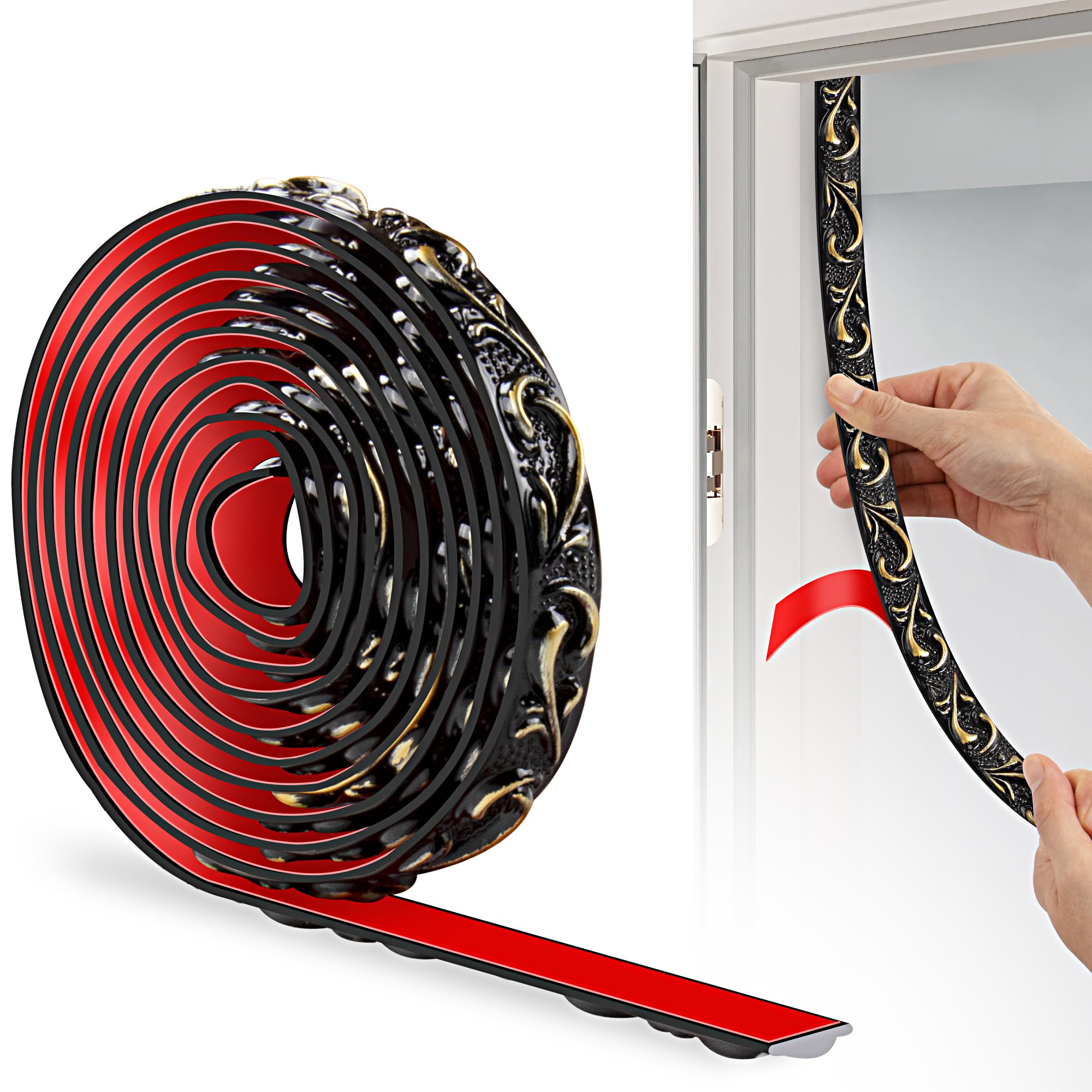 JUNART PVC Moldings Trim, 300cm×2cm, 3D Wallpaper Border, Coving for Ceilings, Flexible Ceiling Moulding Trim for Mirror Edge, TV Background Wall, Skirting Boards, Cabinet, Wall(Black Gold)