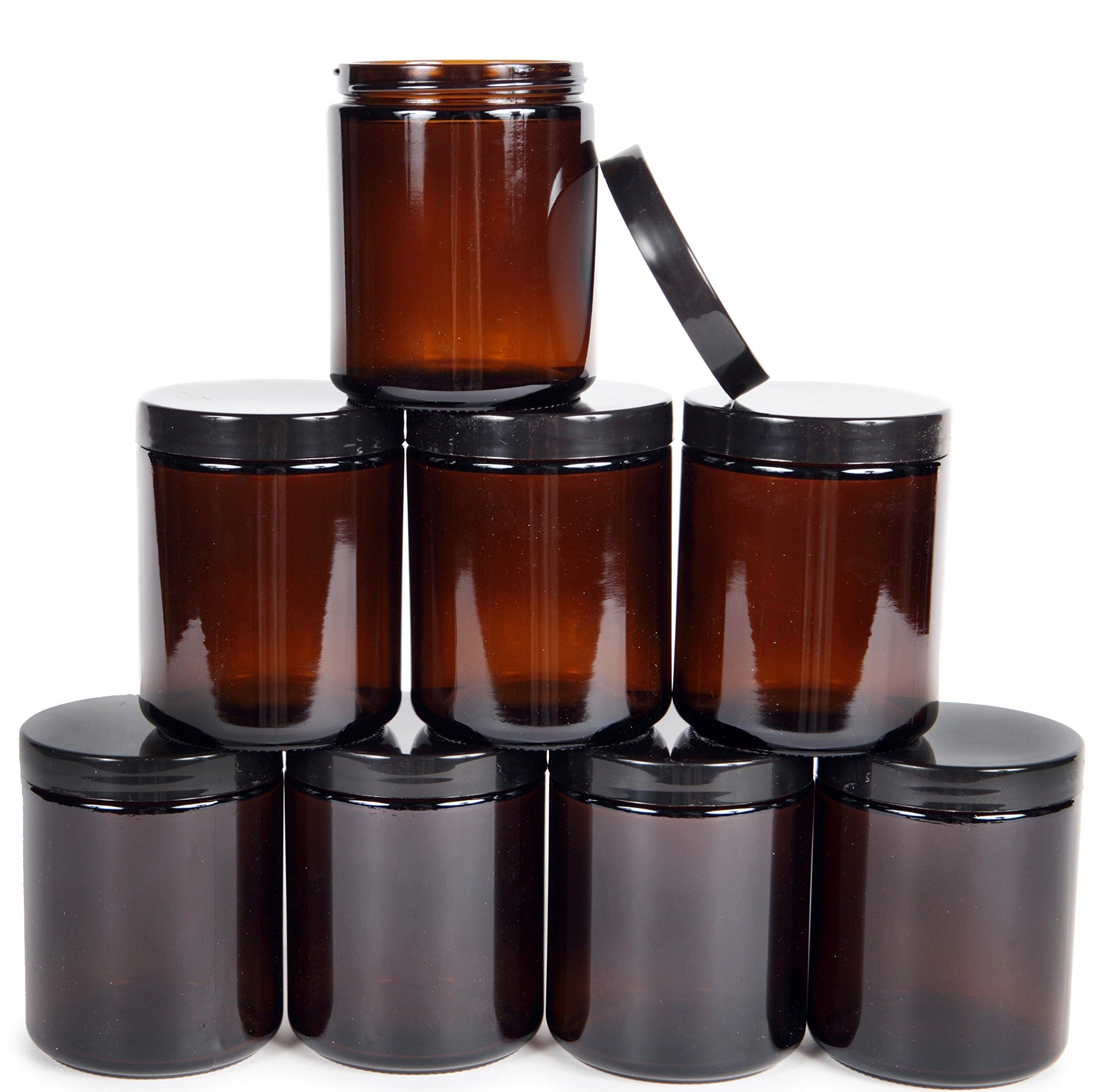 Vivaplex Amber, 8 ounce, Round Glass Jars, with Black Lids - 8 pack