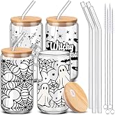 SiliFine 4 Pcs Halloween Glass Cups with Lid and Straw 16 oz Drinking Glasses Halloween Iced Coffee Cups Can Shape Ghost Spiderweb Skeleton Mug Tumbler for Women Men Birthday Party Favor Gift