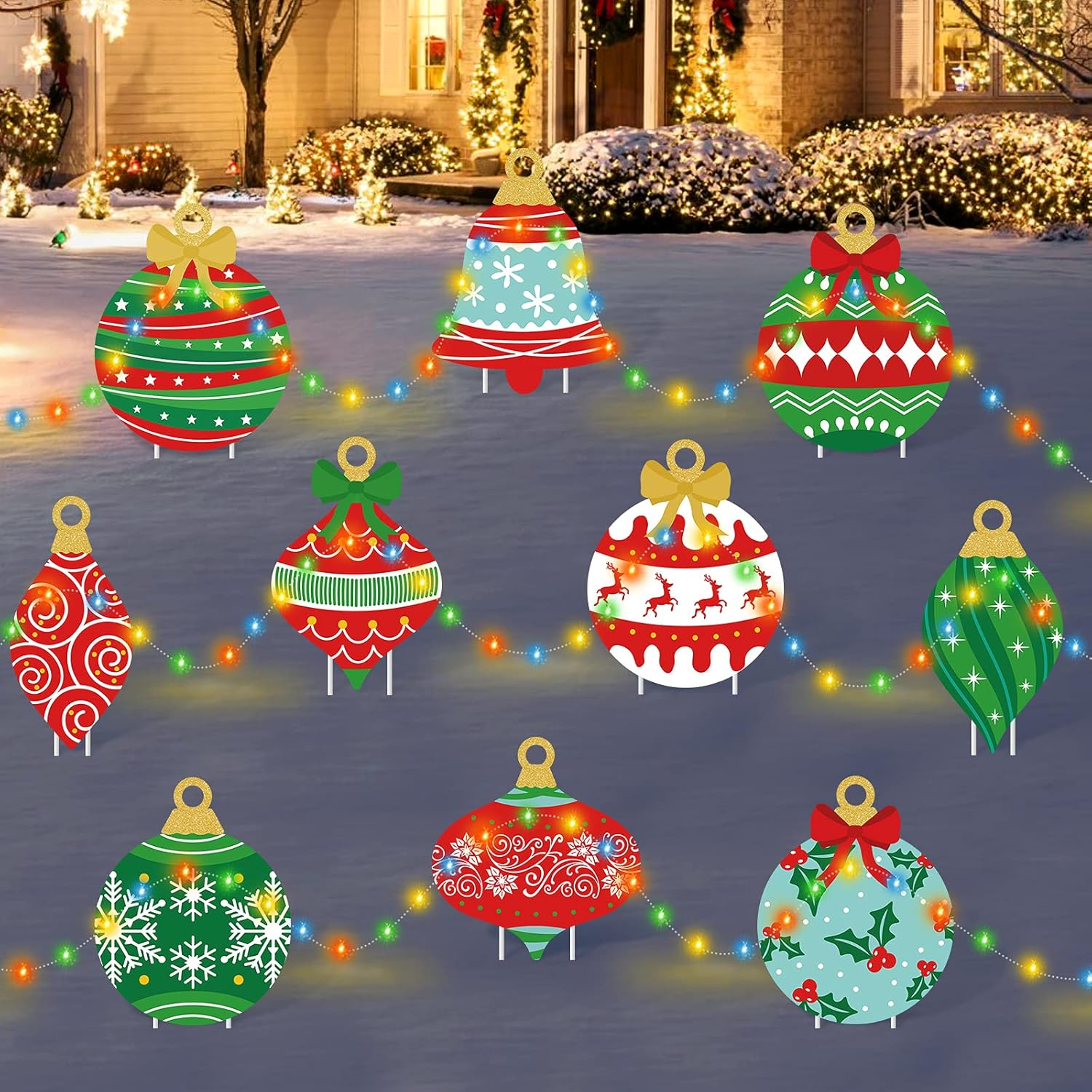 Yard Signs - Christmas Ball Ornaments Yard Sign with Light Xmas Outdoor Lawn Decorations with Stakes Colorful Light String Winter Holiday Welcome Garden Street Signs Party Merry Christmas Display Cards Set of 10