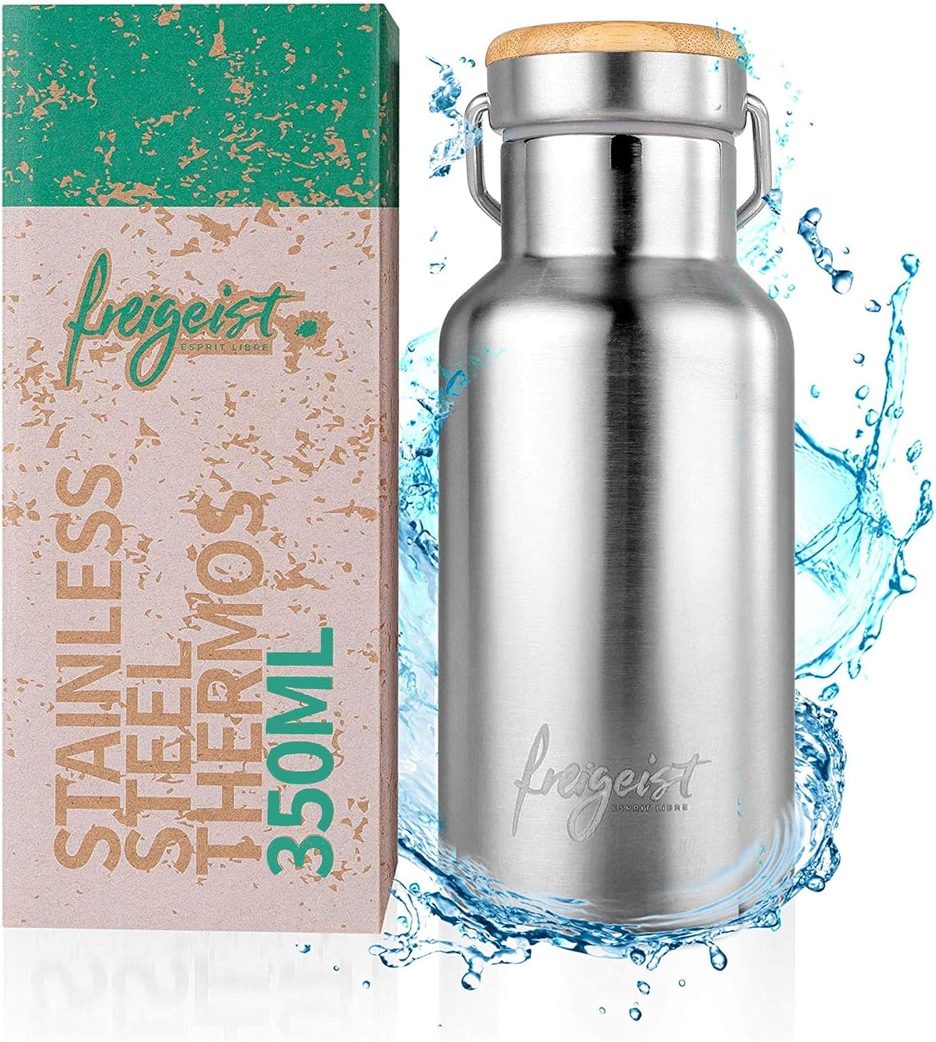 Freigeist Bouteille Reutilisable Acier Inox Recipient Isotherme Double Paroi Poignee Et Couvercle Bambou Anti Fuite Boisson Chaude Ou Froide Pastilles Nettoyantes Et Joint Offert 350 Ml Amazon Fr Cuisine Maison