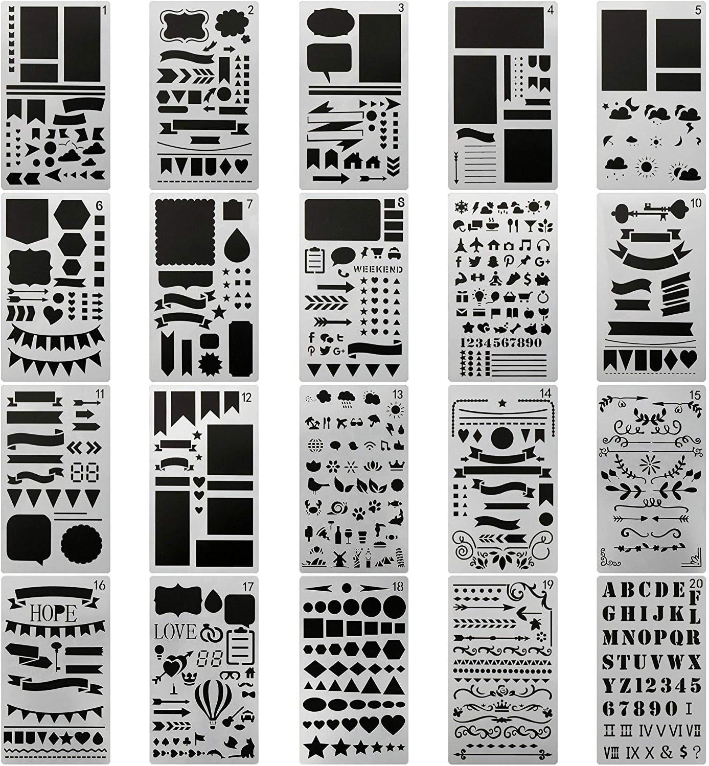 20 Pcs Stencils Set Plastic Template DIY Drawing Planner for Diary Scrapbook Craft Notebook