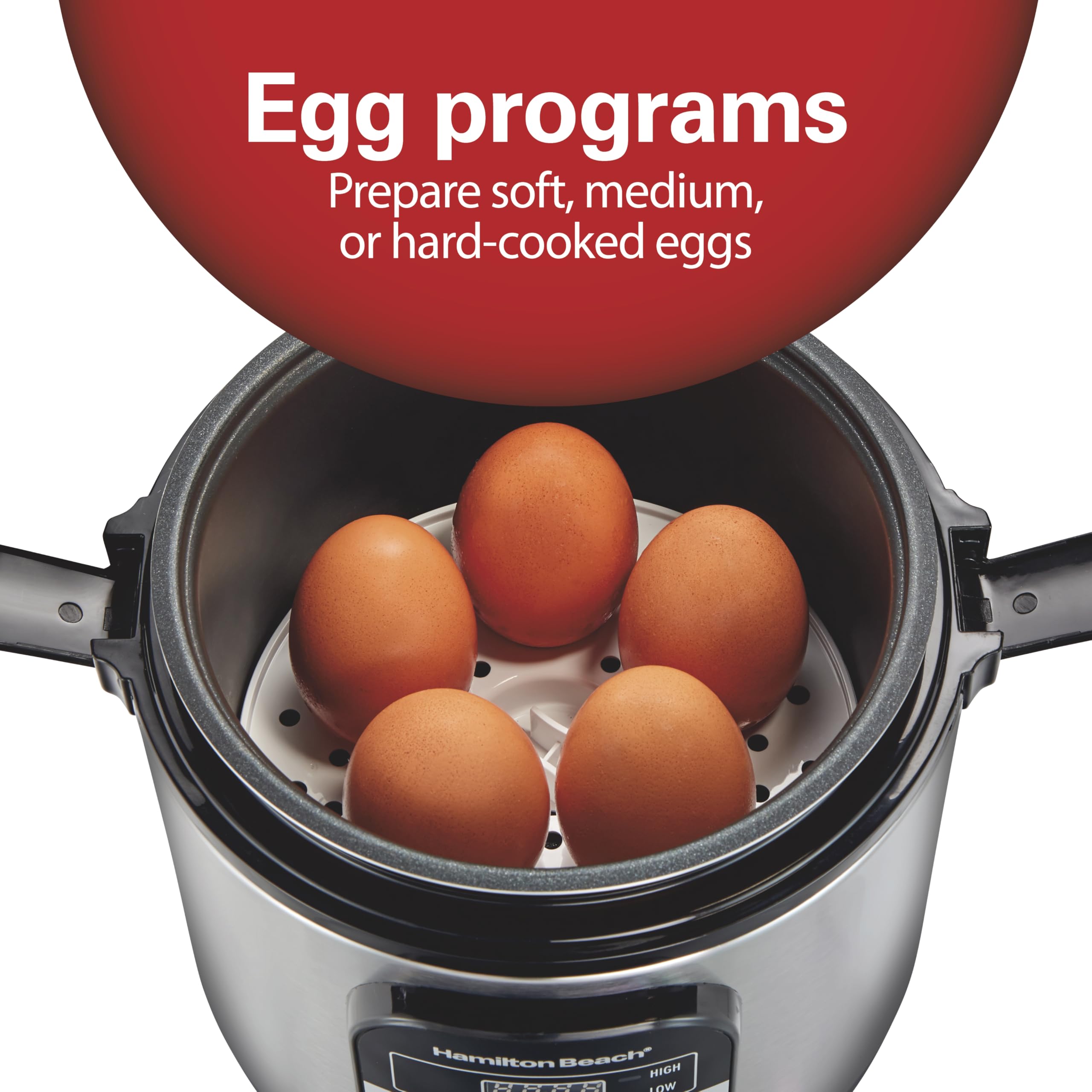 Hamilton Beach Digital Programmable Rice Cooker & Food Steamer, with Slow Hard-Boiled Egg Functions, Egg/Steam Tray, Small & Compact, 6 Cups Cooked (3 Uncooked), Stainless Steel (37524)