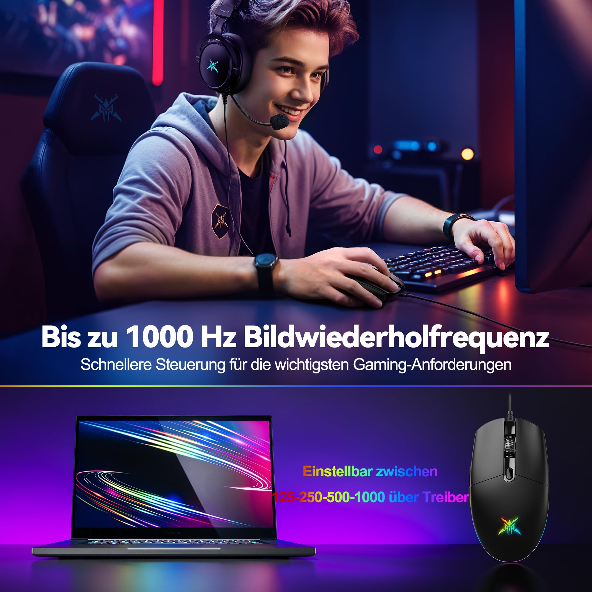 TECKNET RGB Gaming Maus Kabelgebundene, 10000 DPI, 6 programmierbaren Tasten, 10 Millionen Klicks Lebensdauer, Ergonomische USB Gaming Maus mit Kabel für PC Kohlenstoff-Schwarz 4