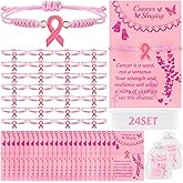 LUYI 24 Set Breast Cancer Awareness Bracelets with Card Adjustable Cord Pink Ribbon Braided Bracelets Breast Cancer Awareness Accessories Party Favors Items Gifts for Women