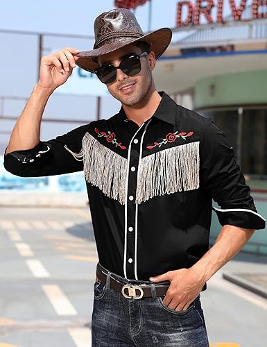 TURETRENDY Men's Fringe Shirts EmbroideBlack Western Cowboy