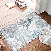Coastal Beach Bath Mats for Bathroom Decor, Seashells Starfish Absorbent Bath Rug Non-Slip Floor Rug Carpets for Kitchen Bath