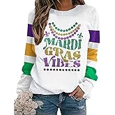 Mardi Gras Shirts for Women: Tuesday Long Sleeve Tshirt Carnival Graphic Tees Tops Funny Holiday Parade Outfits