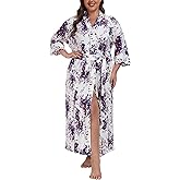 Women's Plus Size Cotton Kimono Robes Soft Long Knit Bathrobes Lightweight Sleepwear V-Neck Ladies Loungewear