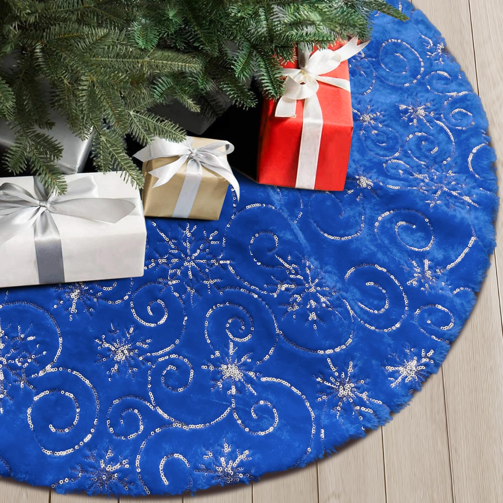 Photo 1 of DegGod Plush Christmas Tree Skirts, 36 inches Luxury Blue Faux Fur Xmas Tree Base Cover Mat with Silver Snowflakes Pattern for Xmas New Year Home Party Decorations