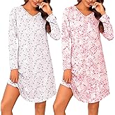 Marvmys 2 Pack Nightgowns for Women Long Sleeve Night Shirts Sleepwear V Neck Night Gown for Adult Women S-3XL