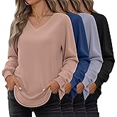 Velvelhall 4 Pack Womens Long Sleeve T Shirts Cotton V Neck Loose Fit Causal Fall Tops Curved Hem Trendy Clothes