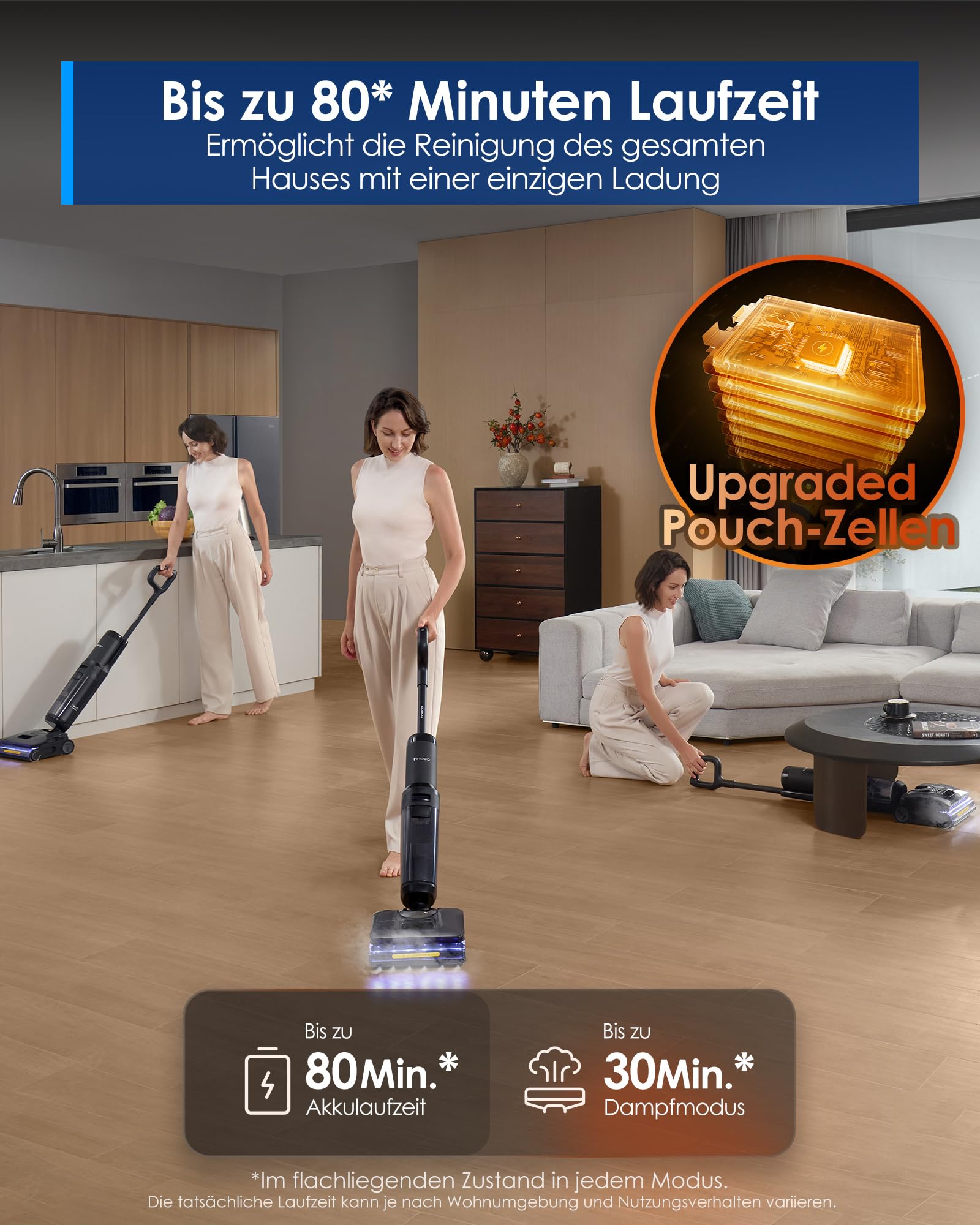 Tineco FLOOR ONE S7 Stretch Steam Nass Trockensauger 160 °C HyperSteam Dampfreiniger, 80 Min Laufzeit, DualBlock Anti-Tangle, FlashDry Selbstreinigung, Dreiseitige Kantenreinigung, hartnäckige Flecken 3