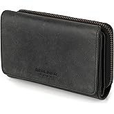BERLINER BAGS Vintage Genuine Leather Wallet Vienna, RFID Blocking Credit Card Holder, Trifold Clutch Purses, Zip Around Womens Wallet for 19 cards, ID window, Bills, Coins - Dark Grey