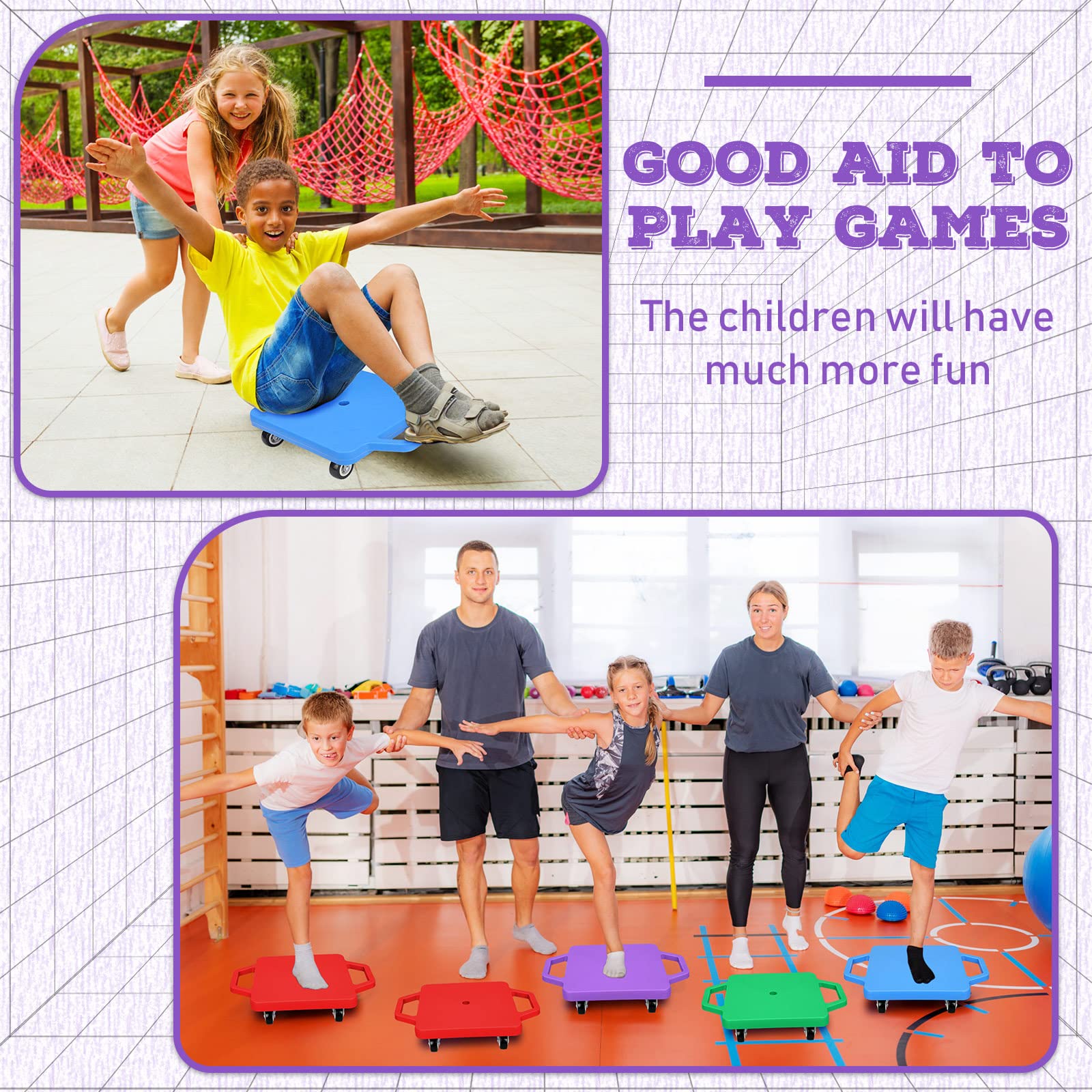 Jerify 8 Pieces Sports Scooter Board Sitting Scooter Board for Kids Plastic Floor with Non-Marring Plastic Casters, Physical Education for Home School Play Equipment