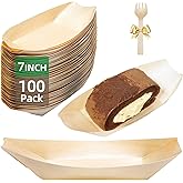 Suwodpak 100-Pack Wooden Disposable Plates 7 IN Boat Plates Food Trays Disposable Dessert Plates Disposable Food Boats for Party Weddings Picnic (Actual Size Used: 3.94" D x 2.28" W x 0.79" H)