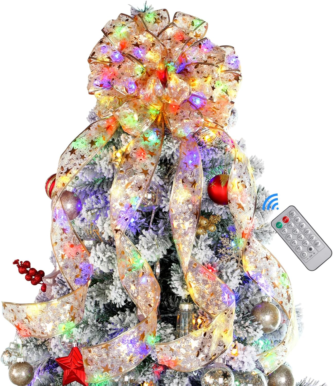 Tree Toppers - Alupssuc Christmas Tree Topper Bow, 36*12 Inches Bow Ribbon with Lights, 92 LED Warm White&Multi-Color Lights with Remote Control for Xmas Tree Topper New Year Thanksgiving Christmas Decoration, Gold