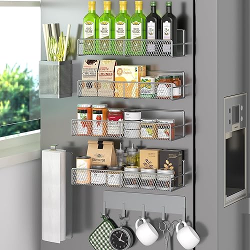Magnetic Spice Rack for Refrigerator, 7 Pack 100% Metal Strong Magnet Shelves, Kitchen Spice Organizer W/ Hook Rack, Paper Towel Holder, Utensils Caddy, Home Laundry Room Storage Organization (Grey)