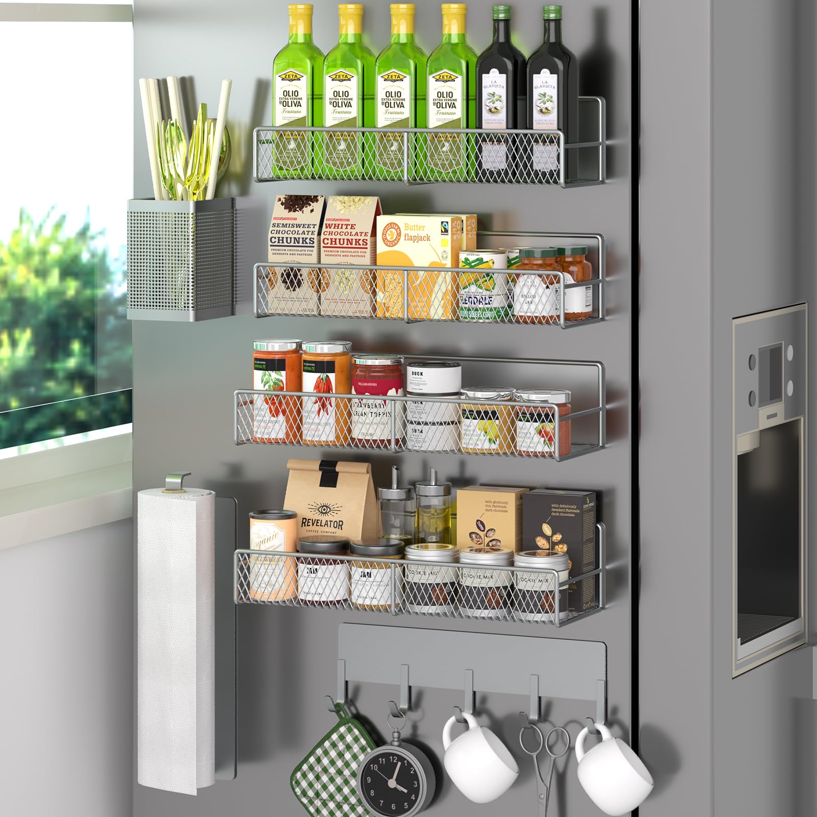 Magnetic Spice Rack for Refrigerator, 7 Pack 100% Metal Strong Magnet Shelves, Kitchen Spice Organizer W/ Hook Rack, Paper Towel Holder, Utensils Caddy, Home Laundry Room Storage Organization (Grey) Image Magnetic Spice Rack for Refrigerator, 7 Pack 100% Metal Strong Magnet Shelves, Kitchen Spice Organizer W/ Hook Rack, Paper Towel Holder, Utensils Caddy, Home Laundry Room Storage Organization (Grey) Image