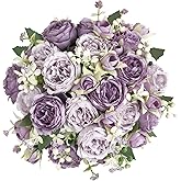Mkono Peonies Artificial Flowers, Small Silk Flowers for Home Decor Indoor Fake Bouquet Faux Floral Arrangements Dining Table Centerpieces for Kitchen Party Decor Purple