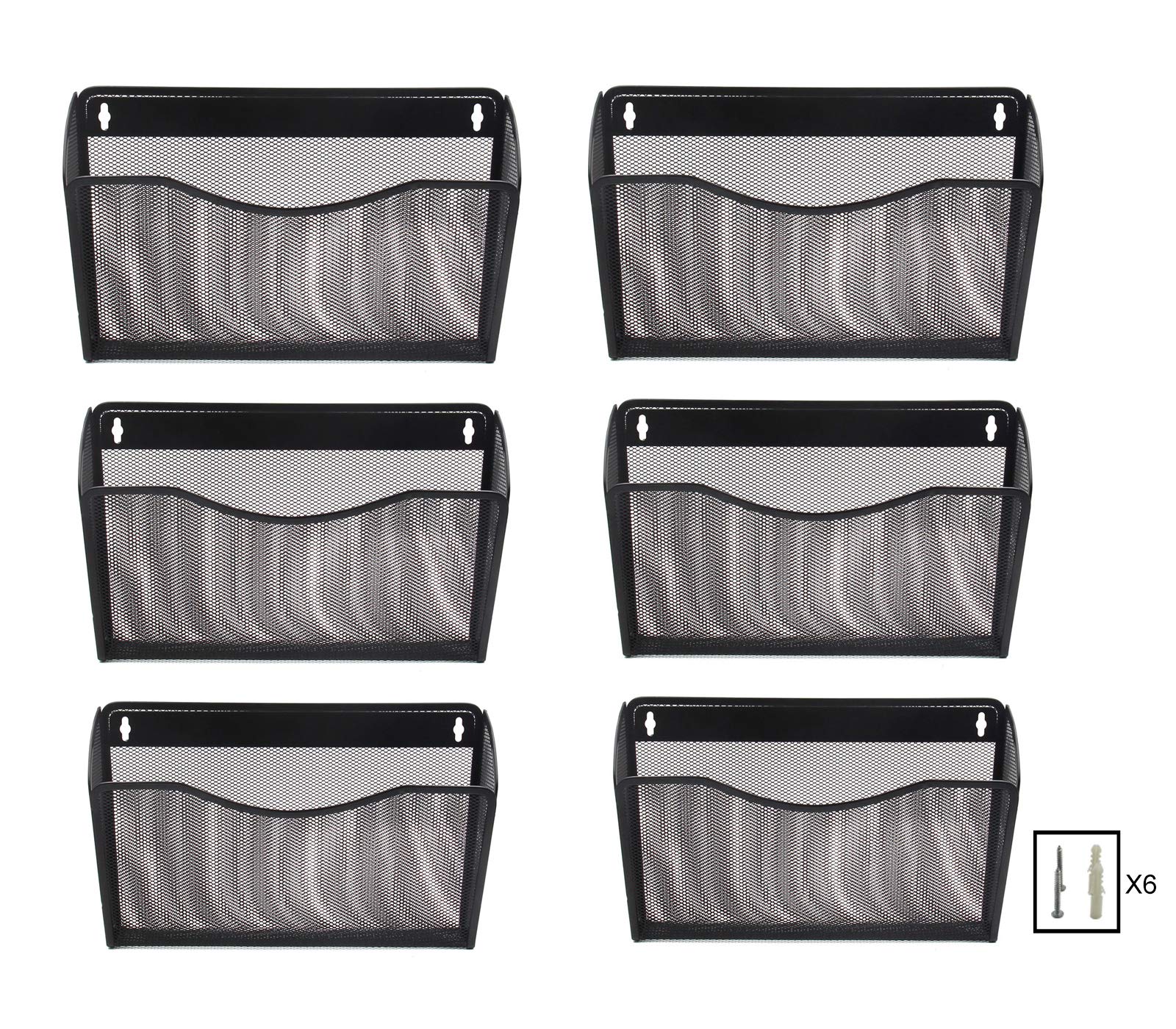 EasyPAG 6 Pocket Landscape A4 Mesh Hanging Wall File Holder Mail Organiser Magazine Storage,Pack of 6,Black