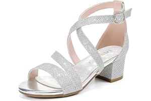 LAURMOSA Girls Sandals Chunky High Heel Strappy Open Toe Ankle Strap Dress Shoes for Little Big Kids in Wedding Party